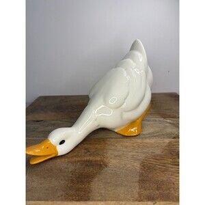Vintage Large White Ceramic Duck Goose Bending Over Figurine 10” Grandma Core